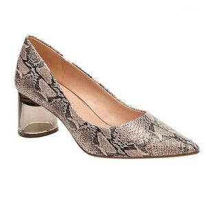Kelly & Katie Maysa Taupe Snake-Print Pointed Pumps with Clear Block Heel